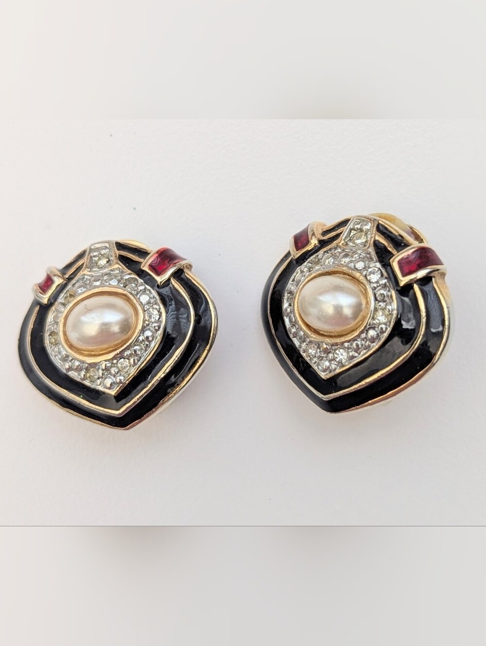 Vintage-Inspired Black Enamel Faux-Pearl & Rhinestone Clip-On Earrings